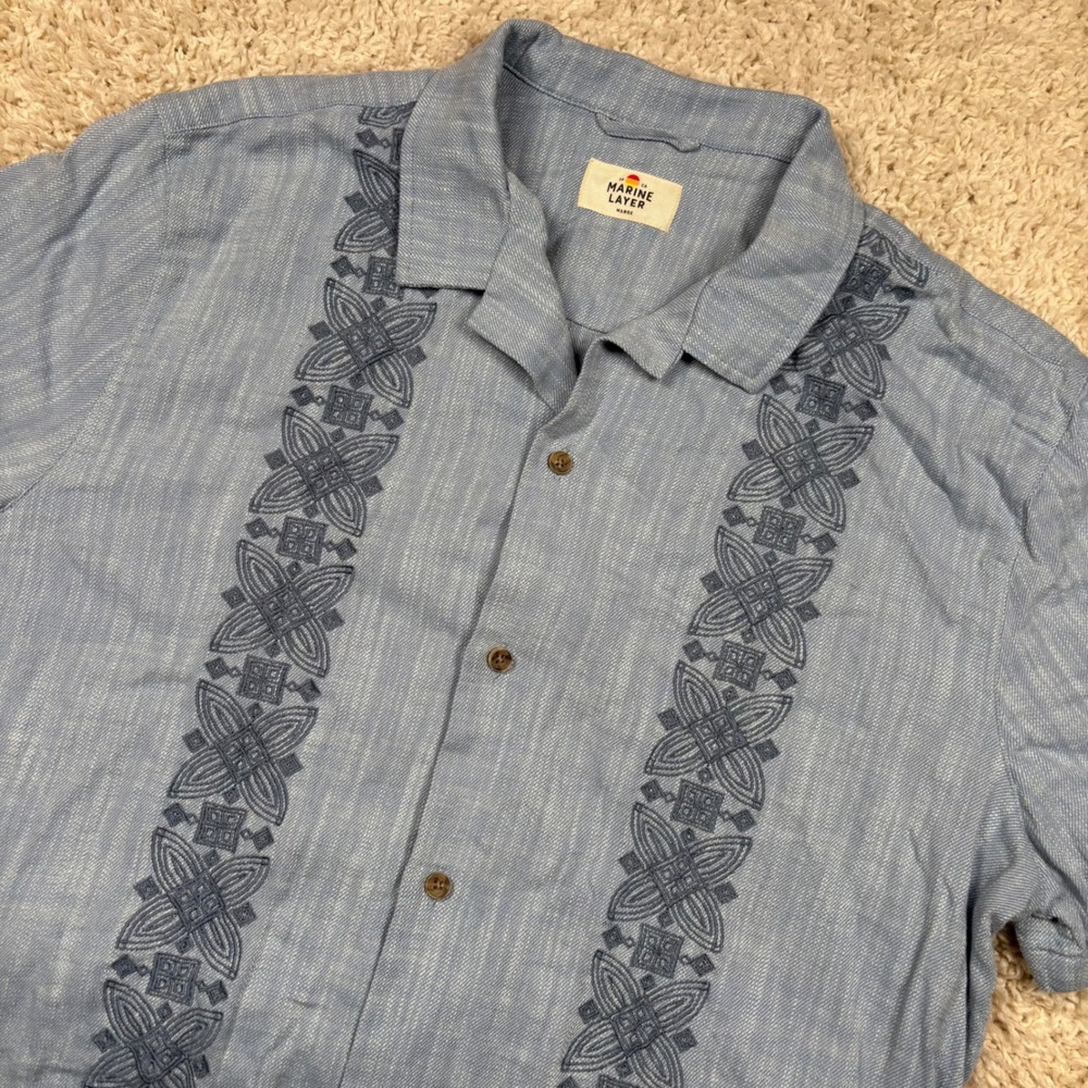 Marine Layer Embroidered Guayabera Shirt Mens Large Blue Short Sleeve 15954